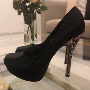 Steve Madden Black Satin Rhinestone Platform Heels